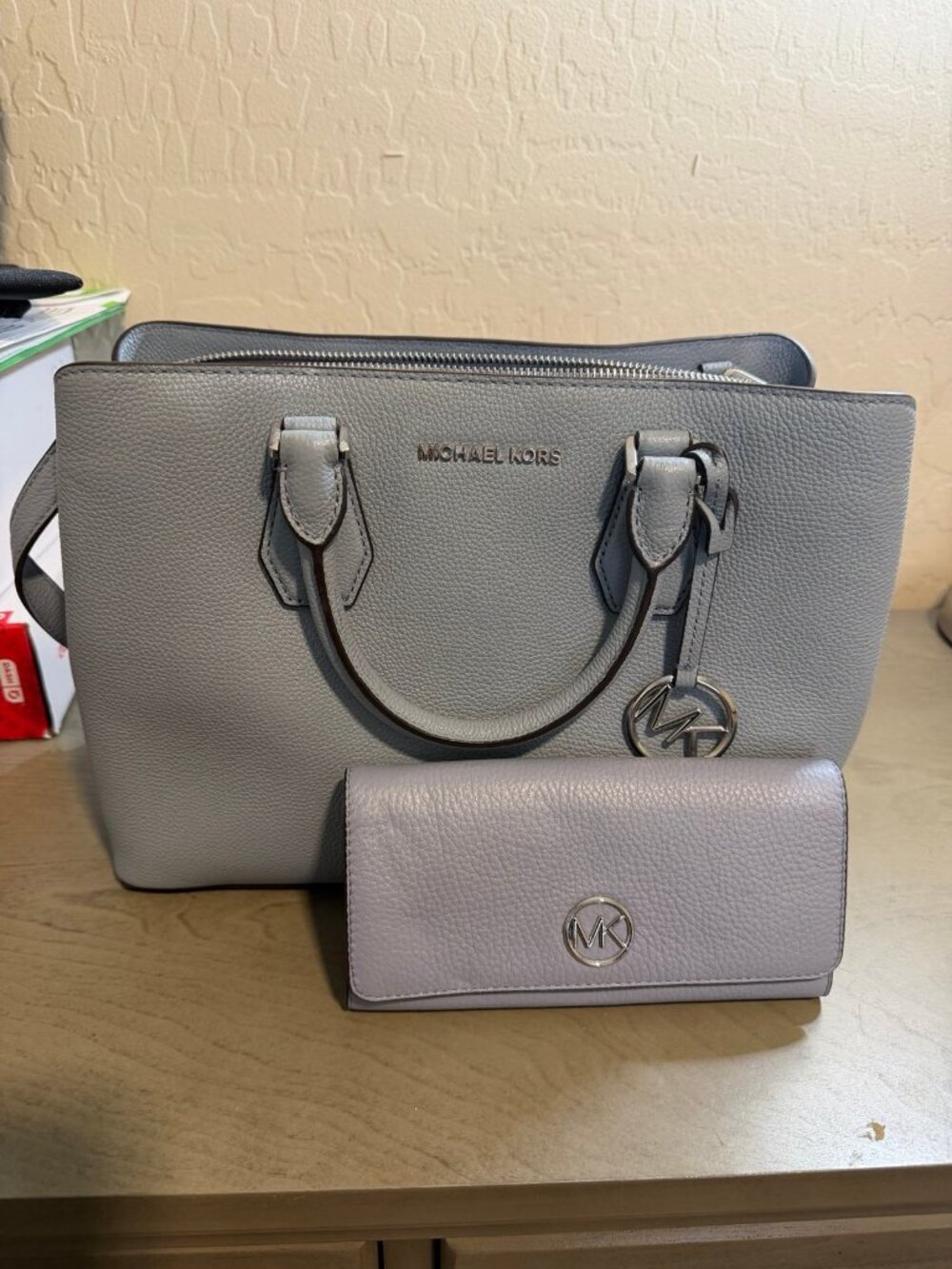 Michael Kors light blue Leather Satchel Handbag and Wallet Set